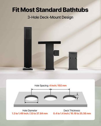 Roman Tub Faucet, 3 Hole Waterfall Bathtub Faucet, Roman Bathtub Faucets Set with Shower Head & 1 Handle, Deck Mount Bath Tub Faucets Set for Pet Washing, Baby Care, Adult Bathing, Matte Black