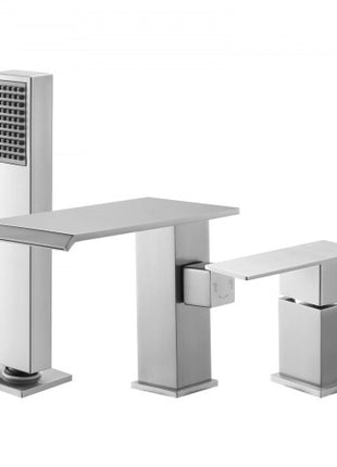Roman Tub Faucet, 3 Hole Waterfall Bathtub Faucet, Roman Bathtub Faucets Set with Shower Head & 1 Handle, Deck Mount Bath Tub Faucets Set for Adult Bathing, Brushed Stainless Steel, Drip-Free
