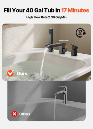 Roman Tub Faucet, 3 Hole Waterfall Bathtub Faucet, Widespread Roman Tub Faucets with Shower Head & 1 Handle, Romans Bathtub Faucets for Pet Washing, Adult Bathing, Matte Black, Dual Water Flow