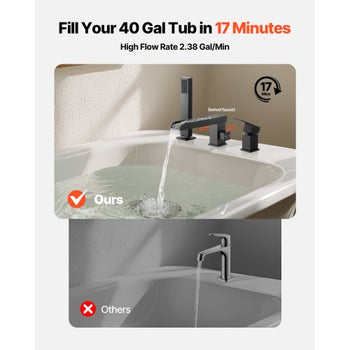 Roman Tub Faucet, 3 Hole Waterfall Bathtub Faucet, Widespread Roman Tub Faucets with Shower Head & 1 Handle, Romans Bathtub Faucets for Pet Washing, Adult Bathing, Matte Black, Dual Water Flow