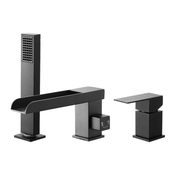 Roman Tub Faucet, 3 Hole Waterfall Bathtub Faucet, Widespread Roman Tub Faucets with Shower Head & 1 Handle, Romans Bathtub Faucets for Pet Washing, Adult Bathing, Matte Black, Dual Water Flow