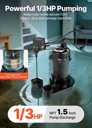 Submersible Sewage Pump, 1/3 HP, 3000 GPH Cast Iron Sewage/Effluent Pump with Automatic Float Switch, 1.5-Inch NPT Discharge, 120V, 25 ft Lift, for Basement, Septic Tank, Residential Sump Basin