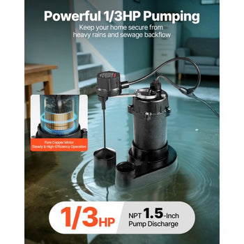 Submersible Sewage Pump, 1/3 HP, 3000 GPH Cast Iron Sewage/Effluent Pump with Automatic Float Switch, 1.5-Inch NPT Discharge, 120V, 25 ft Lift, for Basement, Septic Tank, Residential Sump Basin