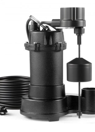 Submersible Sewage Pump, 1/3 HP, 3000 GPH Cast Iron Sewage/Effluent Pump with Automatic Float Switch, 1.5-Inch NPT Discharge, 120V, 25 ft Lift, for Basement, Septic Tank, Residential Sump Basin