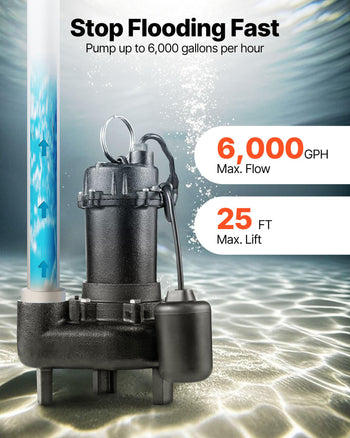 Submersible Sewage Pump, 1/2 HP, 6000 GPH Cast Iron Sewage/Effluent Pump with Automatic Tethered Float Switch, 2-Inch NPT Discharge, 120V, 25 ft Max Lift, for Basement, Septic Tank, Residential