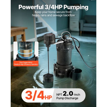 Submersible Sewage Pump, 3/4 HP, 6000 GPH Cast Iron Sewage/Effluent Pump with Automatic Tethered Float Switch, 2-Inch NPT Discharge, 120V, 23 ft Max Lift, for Basement, Septic Tank, Residential