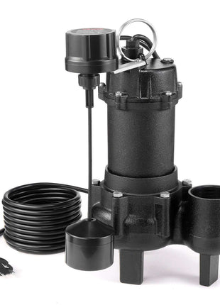 Submersible Sewage Pump, 3/4 HP, 6000 GPH Cast Iron Sewage/Effluent Pump with Automatic Tethered Float Switch, 2-Inch NPT Discharge, 120V, 23 ft Max Lift, for Basement, Septic Tank, Residential