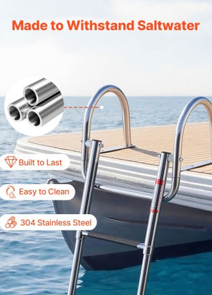 Boat Ladder, 3 Steps, Stainless Steel Telescoping Folding Swim Deck Ladder for Rear Entry Inboard, 600 lbs Capacity with Wide Anti-Slip Steps & Handrails, for Outboards, Yacht, Pontoon Boats