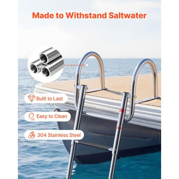 Boat Ladder, 3 Steps, Stainless Steel Telescoping Folding Swim Deck Ladder for Rear Entry Inboard, 600 lbs Capacity with Wide Anti-Slip Steps & Handrails, for Outboards, Yacht, Pontoon Boats