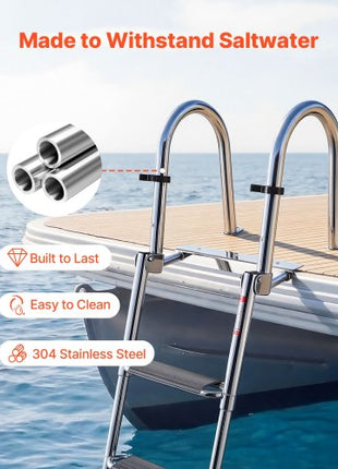 Boat Ladder, 4 Steps, Stainless Steel Telescoping Folding Swim Deck Ladder for Rear Entry Inboard, 600lbs Capacity with Extra Wide Anti-Slip Steps & Handrails, for Outboards, Yacht, Pontoon Boat