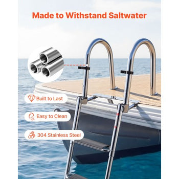Boat Ladder, 4 Steps, Stainless Steel Telescoping Folding Swim Deck Ladder for Rear Entry Inboard, 600lbs Capacity with Extra Wide Anti-Slip Steps & Handrails, for Outboards, Yacht, Pontoon Boat
