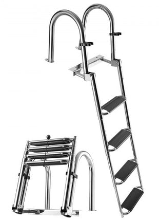 Boat Ladder, 4 Steps, Stainless Steel Telescoping Folding Swim Deck Ladder for Rear Entry Inboard, 600lbs Capacity with Extra Wide Anti-Slip Steps & Handrails, for Outboards, Yacht, Pontoon Boat