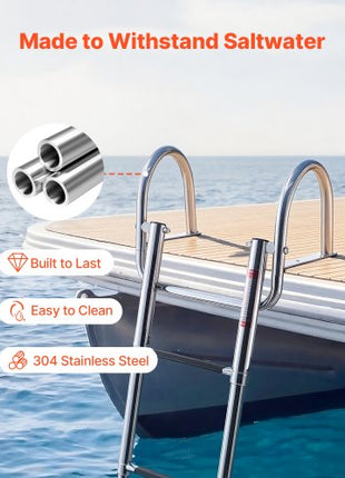 Boat Ladder, 4 Steps, Stainless Steel Telescoping Folding Swim Deck Ladder for Rear Entry Inboard, 600 lbs Capacity with Wide Anti-Slip Steps & Handrails, for Outboards, Yacht, Pontoon Boats