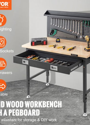 Workbench Adjustable Height 28-39.5" Work Bench For Garage Oak Plank & Carbon Steel Heavy Duty Workbench 2000lbs Weight Capacity Bench top Size 48x24" Hardwood Workbench 3m Cable 30 Hooks