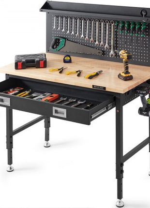 Workbench Adjustable Height 28-39.5" Work Bench For Garage Oak Plank & Carbon Steel Heavy Duty Workbench 2000lbs Weight Capacity Bench top Size 48x24" Hardwood Workbench 3m Cable 30 Hooks