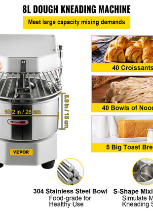 Commercial Food Mixer, 7.3Qt Capacity, 450W Dual Rotating Dough Kneading Machine with Food-grade Stainless Steel Bowl, Security Shield & Timer Included, Baking Equipment for Restaurant Pizzeria