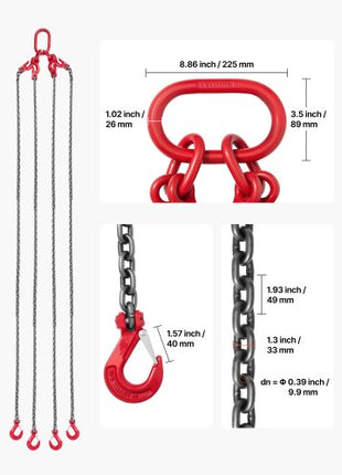 Chain Sling, 3/8 in x 10 ft Lifting Chains with 4 Leg Grab Hooks, Heavy Duty G80 Alloy Steel Lifting Sling, 22900LBS Capacity, Adjustable Engine Chain Hoist Lifts for Cargo Security Towing