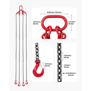 Chain Sling, 3/8 in x 10 ft Lifting Chains with 4 Leg Grab Hooks, Heavy Duty G80 Alloy Steel Lifting Sling, 22900LBS Capacity, Adjustable Engine Chain Hoist Lifts for Cargo Security Towing