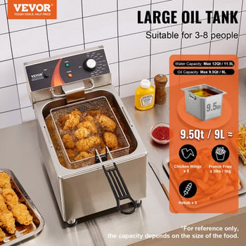 Commercial Deep Fryer, 1750W Electric Countertop Fryer with Basket & Height-Adjustable Feet, 12Qt / 11.5L Stainless Steel Single Oil Fryer, Temp Control, Overheat Protection, for Restaurant Use