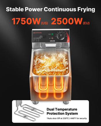 Commercial Electric Deep Fryer, 12.15 Qt, 1750W Stainless Steel Countertop Fryer with Basket and Lid, Overheat Protection, Temp Control, Adjustable Feet for Commercial Restaurant Use, Silver