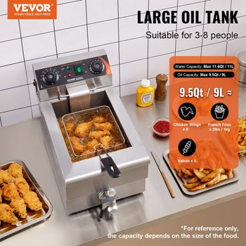 Commercial Deep Fryer, 1500W Electric Countertop Fryer with Basket, 11.6Qt / 11L Stainless Steel Single Oil Fryer with Time & Temp Control, Overheat Protection, for Kitchen Restaurant Use