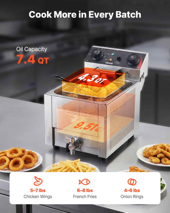 Commercial Electric Deep Fryer, Oil Filtration Upgrade, 9.51 Qt, 1750W Stainless Steel Countertop Fryer with Basket and Lid, Temp Control, Oil Drain Valve for Commercial Restaurant Use, Silver