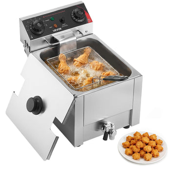 Commercial Electric Deep Fryer, Oil Filtration Upgrade, 9.51 Qt, 1750W Stainless Steel Countertop Fryer with Basket and Lid, Temp Control, Oil Drain Valve for Commercial Restaurant Use, Silver