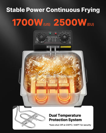 Commercial Electric Deep Fryer, 9.51 Qt, 1700W Stainless Steel Countertop Fryer with Large & Small Baskets, Overheat Protection, Temp Control, Timer, Detachable for Home Restaurant Use, Silver