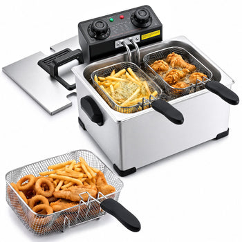 Commercial Electric Deep Fryer, 9.51 Qt, 1700W Stainless Steel Countertop Fryer with Large & Small Baskets, Overheat Protection, Temp Control, Timer, Detachable for Home Restaurant Use, Silver