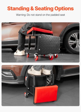 Mechanic Stool, 300 lbs Capacity Garage Seat/Work Stool with Wheels, 360° Swivel Rolling Workshop Stool with Tool Tray, Mechanics Creeper Seat/Step Stool, for Garage, Shop & Auto Repair, Black