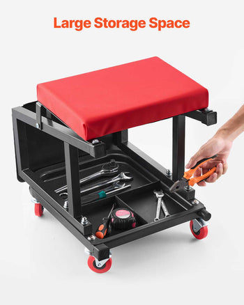 Mechanic Stool, 300 lbs Capacity Garage Seat/Work Stool with Wheels, 360° Swivel Rolling Workshop Stool with Tool Tray, Mechanics Creeper Seat/Step Stool, for Garage, Shop & Auto Repair, Black