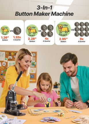 Button Maker Machine, 1.26/2.28/2.95 inch 3-in-1, Plastic Pin Maker with 300pcs Button Parts, Circle Cutter and Magic Book, Reinforced Ergonomic Handle, for DIY Badges, Personalized Pins, Black