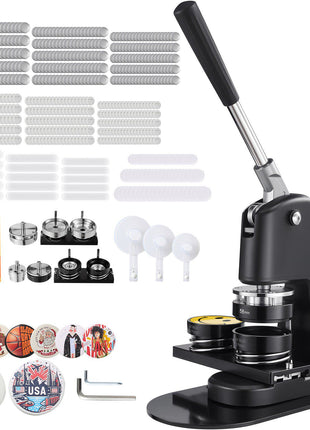 Button Maker Machine, 1.26/2.28/2.95 inch 3-in-1, Plastic Pin Maker with 300pcs Button Parts, Circle Cutter and Magic Book, Reinforced Ergonomic Handle, for DIY Badges, Personalized Pins, Black