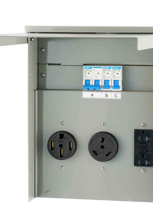 Gray metal electrical panel with circuit breakers and two black outlets, perfect for residential or commercial use.