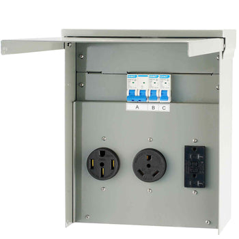Gray metal electrical panel with circuit breakers and two black outlets, perfect for residential or commercial use.