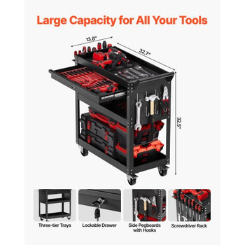 4-Tier Tool Cart with Wheels, 350 lbs Load Capacity, Rolling Work Cart with Drawer & Pegboard, Mechanic Tool Storage Organizer with Locking System for Garage, Warehouse and Repair Shop, Black