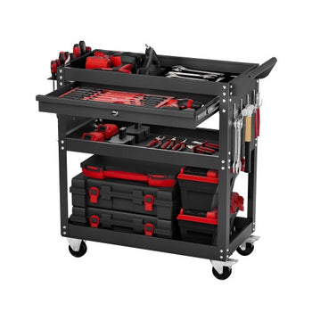 4-Tier Tool Cart with Wheels, 350 lbs Load Capacity, Rolling Work Cart with Drawer & Pegboard, Mechanic Tool Storage Organizer with Locking System for Garage, Warehouse and Repair Shop, Black