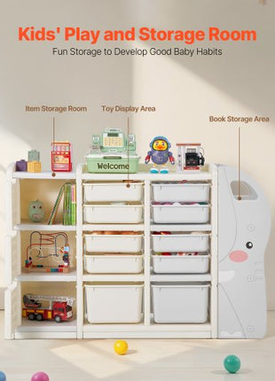 Kids Toy Storage, 4-Tier Elephant-Shape Toy Storage Organizer with 10 Plastic Movable Bins, Kids Cubby Cabinet Made from HDPE for Study Room, Bedroom, Playroom, Classroom, Nursery, Gray + Beige