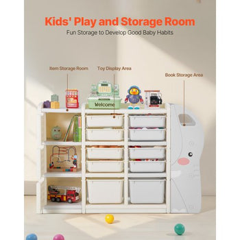 Kids Toy Storage, 4-Tier Elephant-Shape Toy Storage Organizer with 10 Plastic Movable Bins, Kids Cubby Cabinet Made from HDPE for Study Room, Bedroom, Playroom, Classroom, Nursery, Gray + Beige