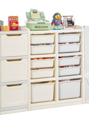 Kids Toy Storage, 4-Tier Elephant-Shape Toy Storage Organizer with 10 Plastic Movable Bins, Kids Cubby Cabinet Made from HDPE for Study Room, Bedroom, Playroom, Classroom, Nursery, Gray + Beige