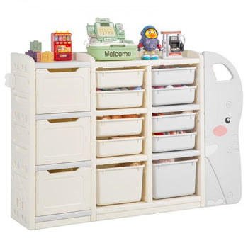 Kids Toy Storage, 4-Tier Elephant-Shape Toy Storage Organizer with 10 Plastic Movable Bins, Kids Cubby Cabinet Made from HDPE for Study Room, Bedroom, Playroom, Classroom, Nursery, Gray + Beige