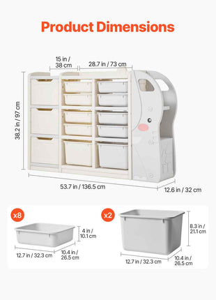 Kids Toy Storage, 4-Tier Elephant-Shape Toy Storage Organizer with 10 Plastic Movable Bins, Kids Cubby Cabinet Made from HDPE for Study Room, Bedroom, Playroom, Classroom, Nursery, Gray + Beige