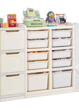 Kids Toy Storage, 4-Tier Elephant-Shape Toy Storage Organizer with 10 Plastic Movable Bins, Kids Cubby Cabinet Made from HDPE for Study Room, Bedroom, Playroom, Classroom, Nursery, Gray + Beige