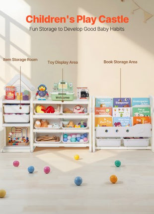 Kids Toy Storage with Bookshelf, 4-Tier Toy Storage Organizer with 10 Movable Plastic Bins, Kids Cubby Cabinet with Bookshelf for Study Room, Bedroom, Playroom, Classroom, Nursery, Gray + Beige