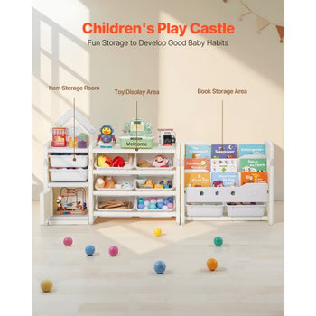 Kids Toy Storage with Bookshelf, 4-Tier Toy Storage Organizer with 10 Movable Plastic Bins, Kids Cubby Cabinet with Bookshelf for Study Room, Bedroom, Playroom, Classroom, Nursery, Gray + Beige