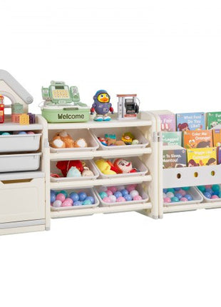 Kids Toy Storage with Bookshelf, 4-Tier Toy Storage Organizer with 10 Movable Plastic Bins, Kids Cubby Cabinet with Bookshelf for Study Room, Bedroom, Playroom, Classroom, Nursery, Gray + Beige