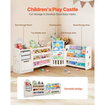Kids Toy Storage with Bookshelf, 4-Tier Large Toy Storage Organizer with 10 Plastic Movable Bins, Kids Cubby Cabinet with Bookshelf and Drawing Board for Study Room, Playroom, Classroom, Nursery