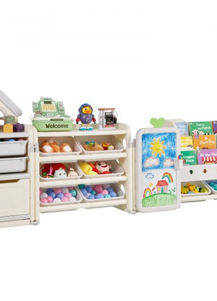 Kids Toy Storage with Bookshelf, 4-Tier Large Toy Storage Organizer with 10 Plastic Movable Bins, Kids Cubby Cabinet with Bookshelf and Drawing Board for Study Room, Playroom, Classroom, Nursery