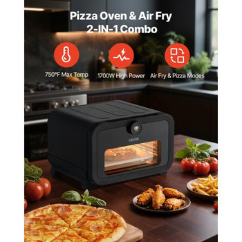 Pizza Oven, 8 Presets Electric Pizza Ovens Air Fry Combo, 12-Inch Indoor Pizza Maker Smart Knob Control , 750°F Max Temp, IPX4 Waterproof Countertop Pizza Cooker w/Pizza Stone,Fry Basket