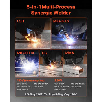 5-in-1 Plasma Cutter Welder Combo - CUT/TIG/Gas MIG/Flux MIG/MMA, 50A Non-Contact Plasma Cutting Machine & 200A Synergic Welder, 110V/220V Aluminum Pulse Mig Welder Compatible with Spool Gun
